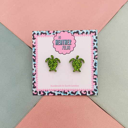 Green Turtle Stud Glitter Earrings