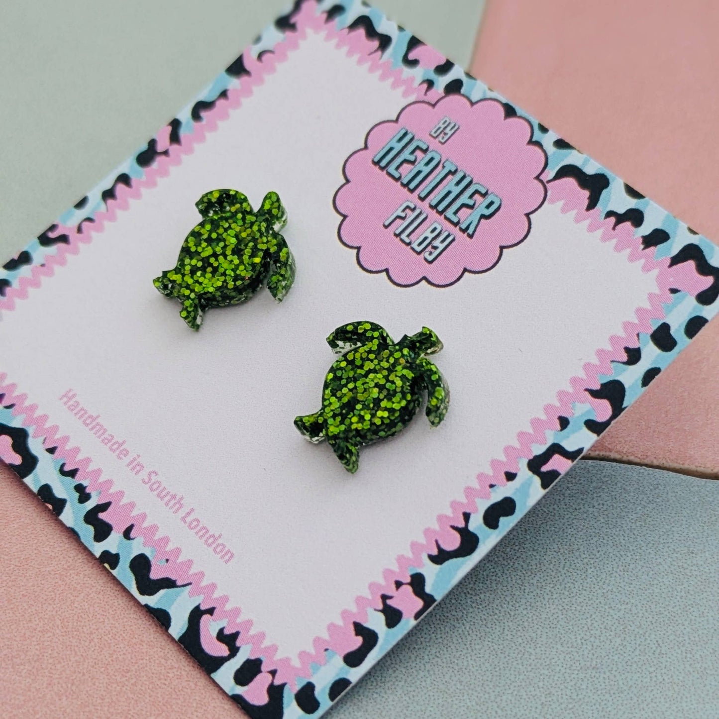 Green Turtle Stud Glitter Earrings